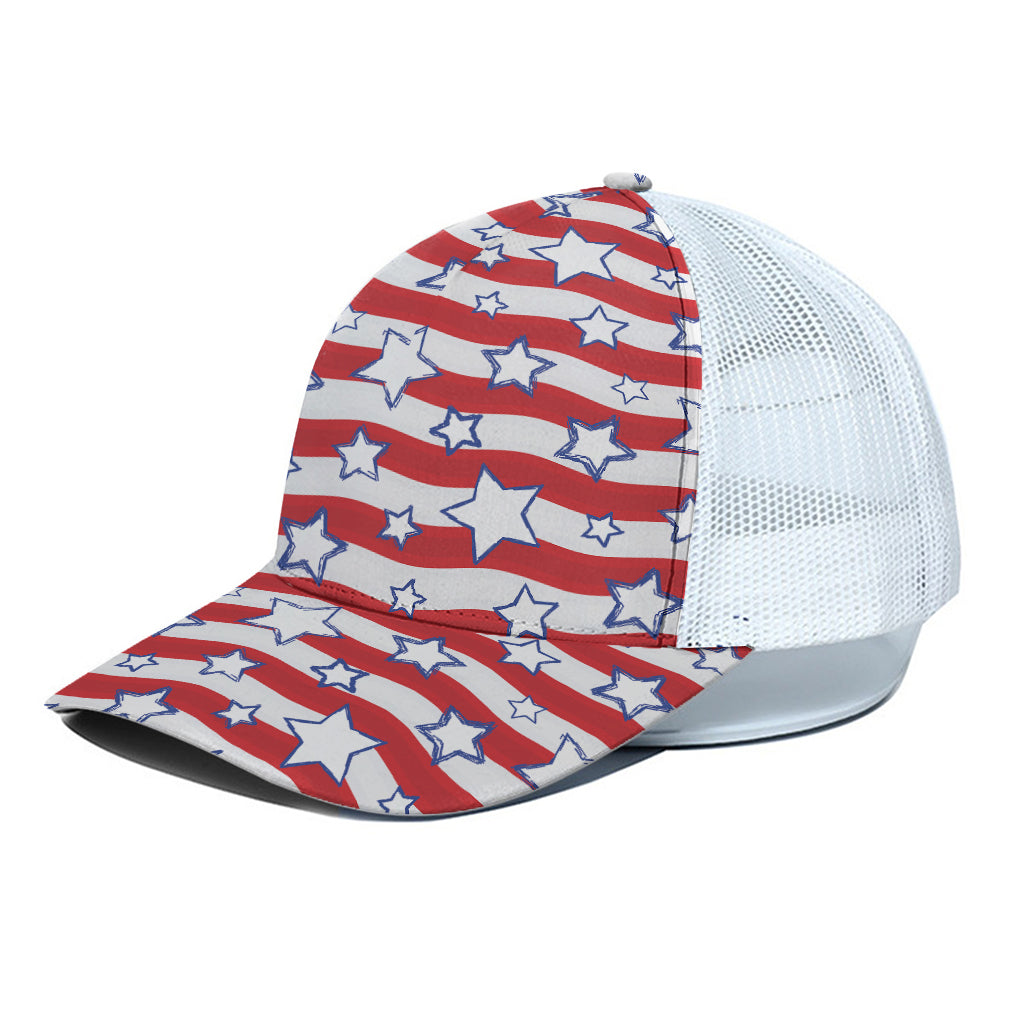 Fourth of July USA Star Pattern Print White Mesh Trucker Cap