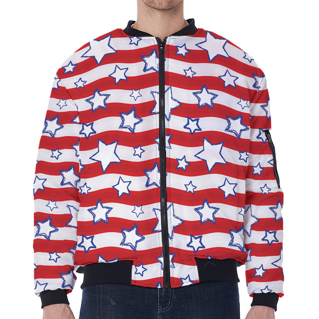 Fourth of July USA Star Pattern Print Zip Sleeve Bomber Jacket