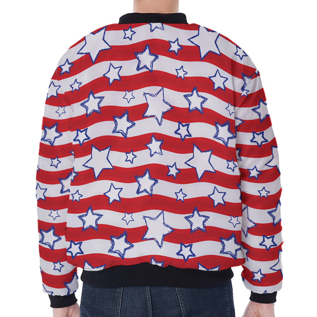 Fourth of July USA Star Pattern Print Zip Sleeve Bomber Jacket