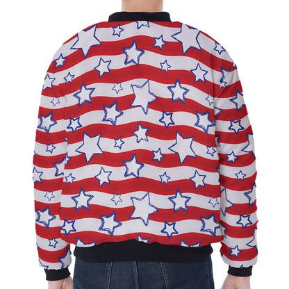 Fourth of July USA Star Pattern Print Zip Sleeve Bomber Jacket
