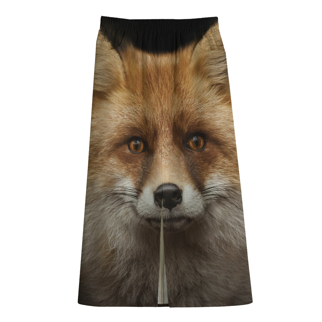 Fox Portrait Print Cotton Front Slit Maxi Skirt