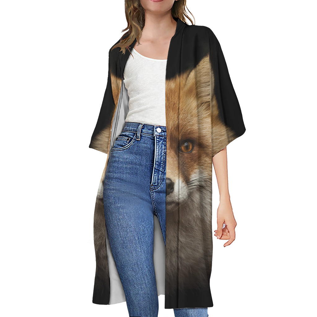 Fox Portrait Print Open Front Beach Cover Up