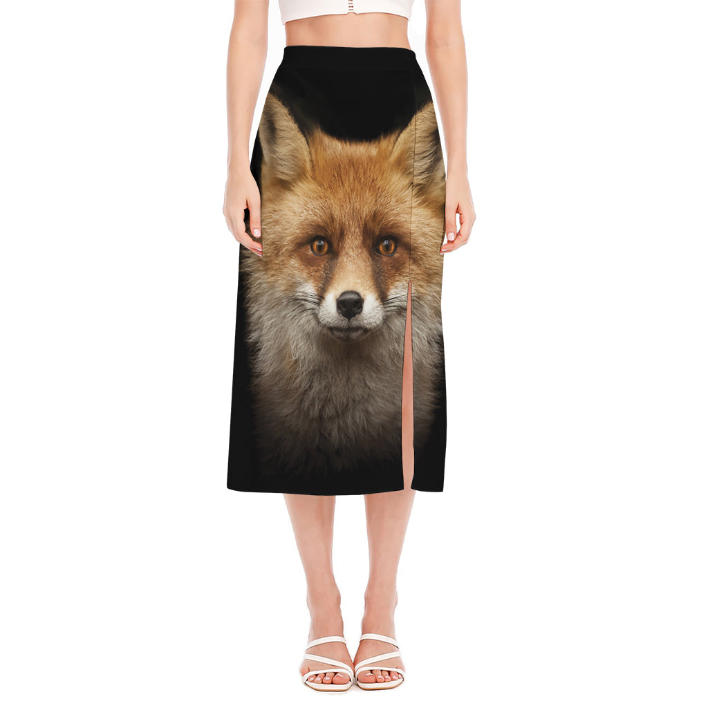 Fox Portrait Print Side Slit Midi Skirt