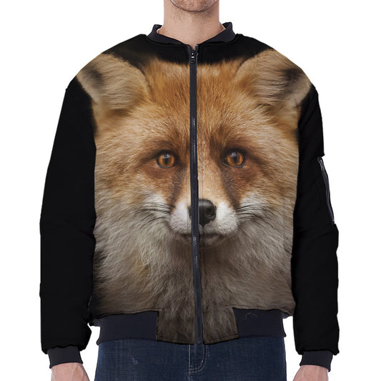 Fox Portrait Print Zip Sleeve Bomber Jacket