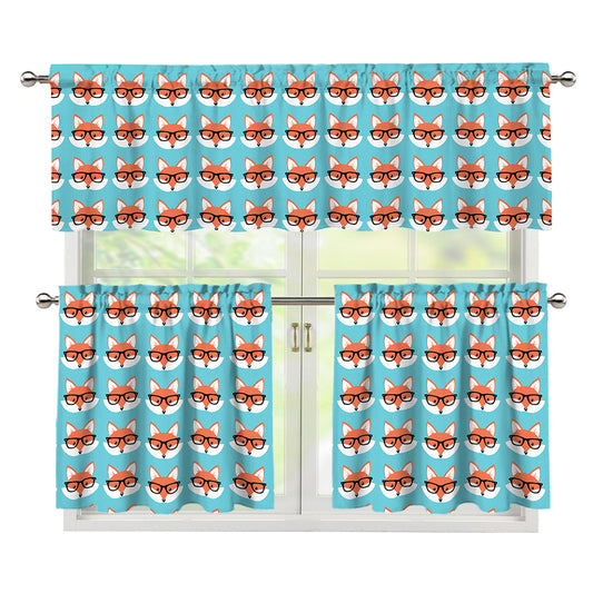 Fox With Glasses Pattern Print 3 Piece Kitchen Curtains