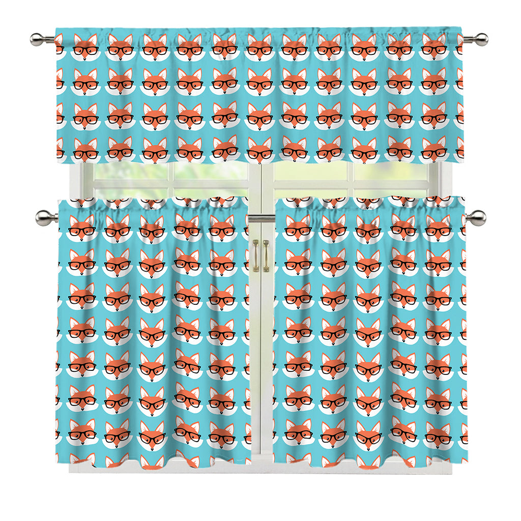 Fox With Glasses Pattern Print 3 Piece Kitchen Curtains