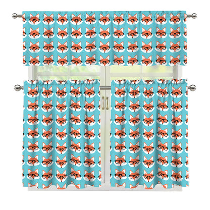 Fox With Glasses Pattern Print 3 Piece Kitchen Curtains