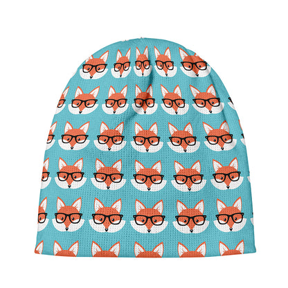 Fox With Glasses Pattern Print Beanie