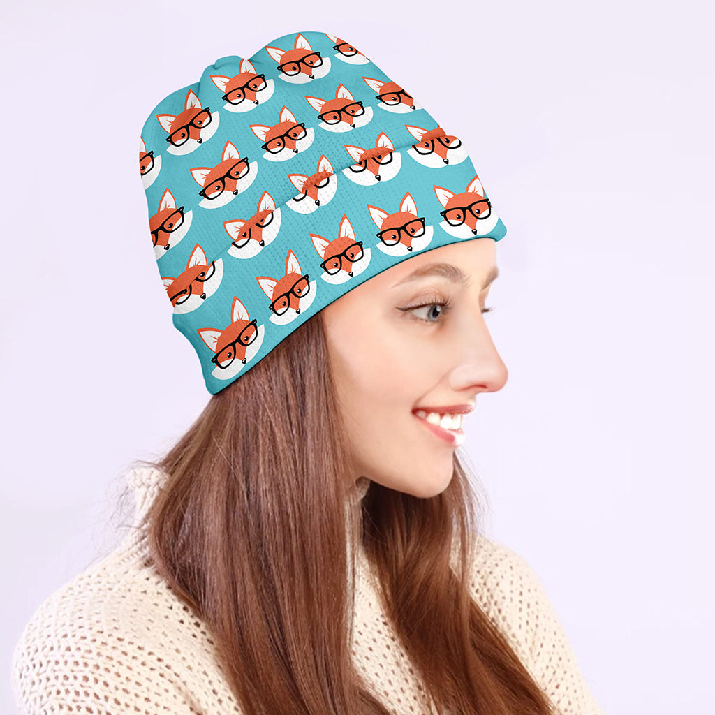 Fox With Glasses Pattern Print Beanie