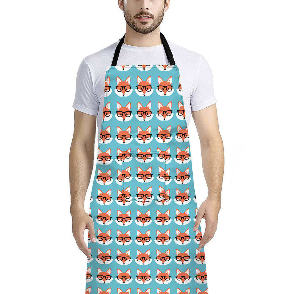Fox With Glasses Pattern Print Bib Apron With Pocket