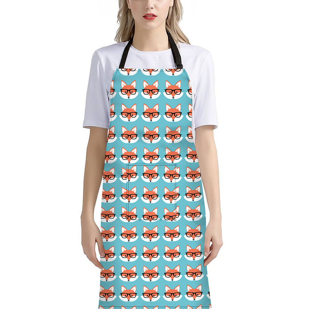 Fox With Glasses Pattern Print Bib Apron With Pocket