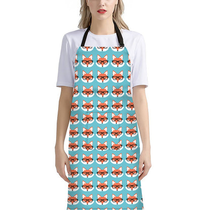 Fox With Glasses Pattern Print Bib Apron With Pocket