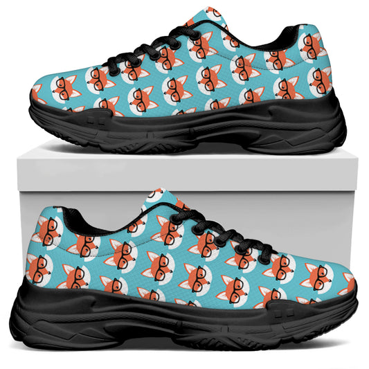 Fox With Glasses Pattern Print Black Chunky Shoes