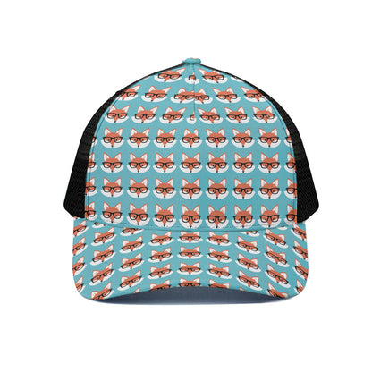 Fox With Glasses Pattern Print Black Mesh Trucker Cap