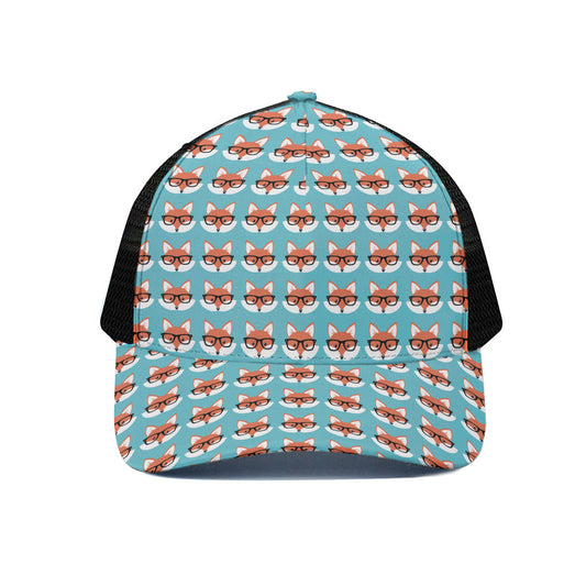Fox With Glasses Pattern Print Black Mesh Trucker Cap