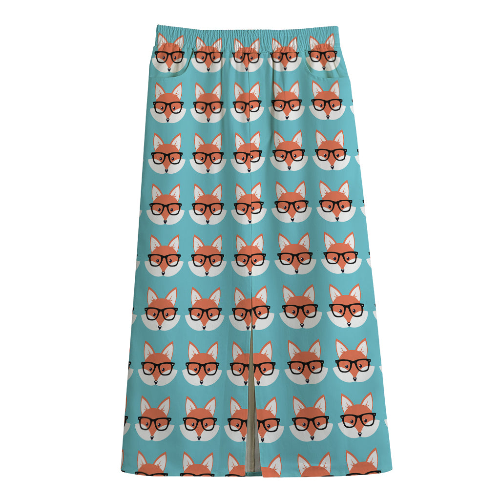 Fox With Glasses Pattern Print Cotton Front Slit Maxi Skirt