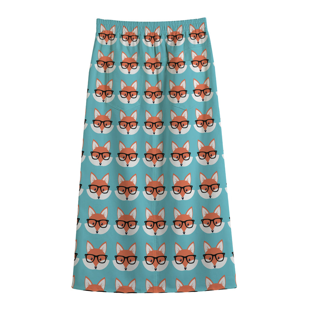 Fox With Glasses Pattern Print Cotton Front Slit Maxi Skirt