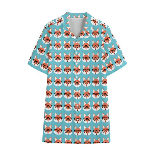 Fox With Glasses Pattern Print Cotton Hawaiian Shirt