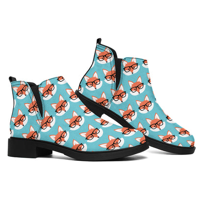 Fox With Glasses Pattern Print Flat Ankle Boots