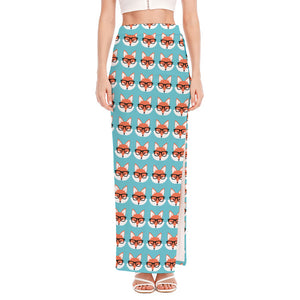 Fox With Glasses Pattern Print High Slit Maxi Skirt