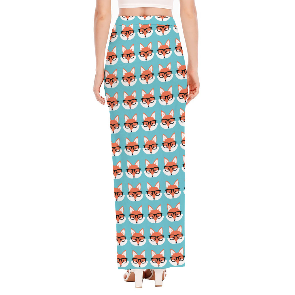 Fox With Glasses Pattern Print High Slit Maxi Skirt