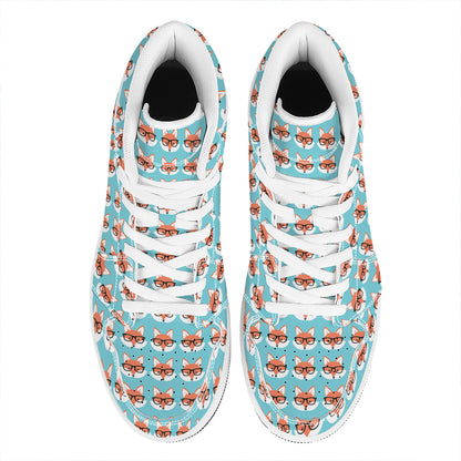 Fox With Glasses Pattern Print High Top Leather Sneakers