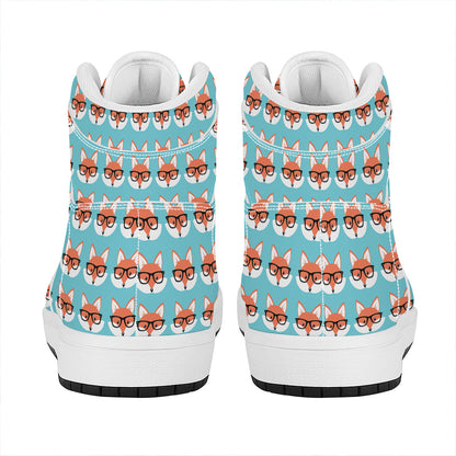 Fox With Glasses Pattern Print High Top Leather Sneakers