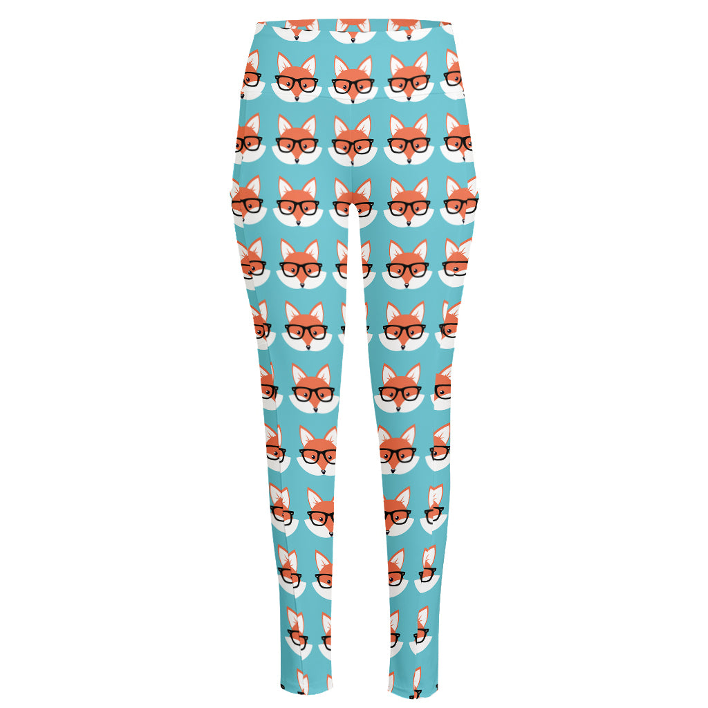 Fox With Glasses Pattern Print High-Waisted Pocket Leggings