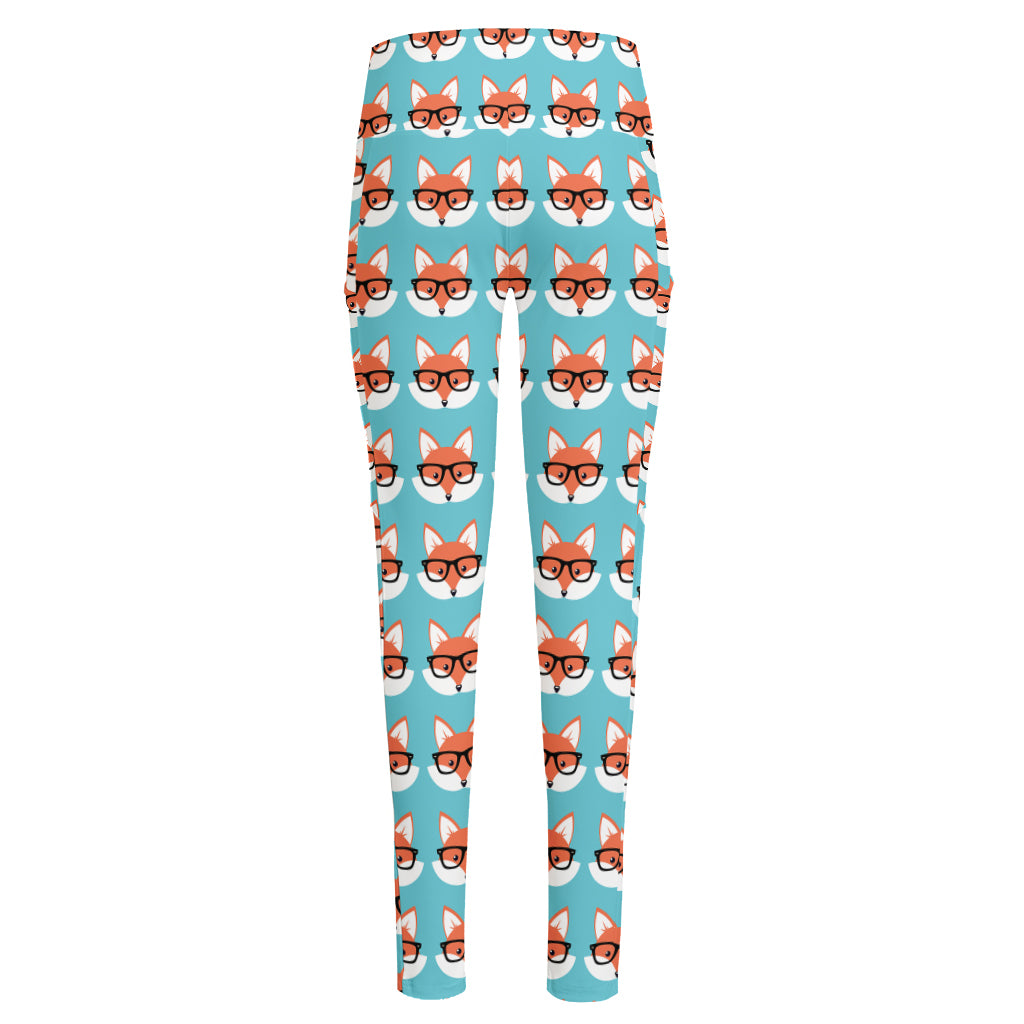 Fox With Glasses Pattern Print High-Waisted Pocket Leggings