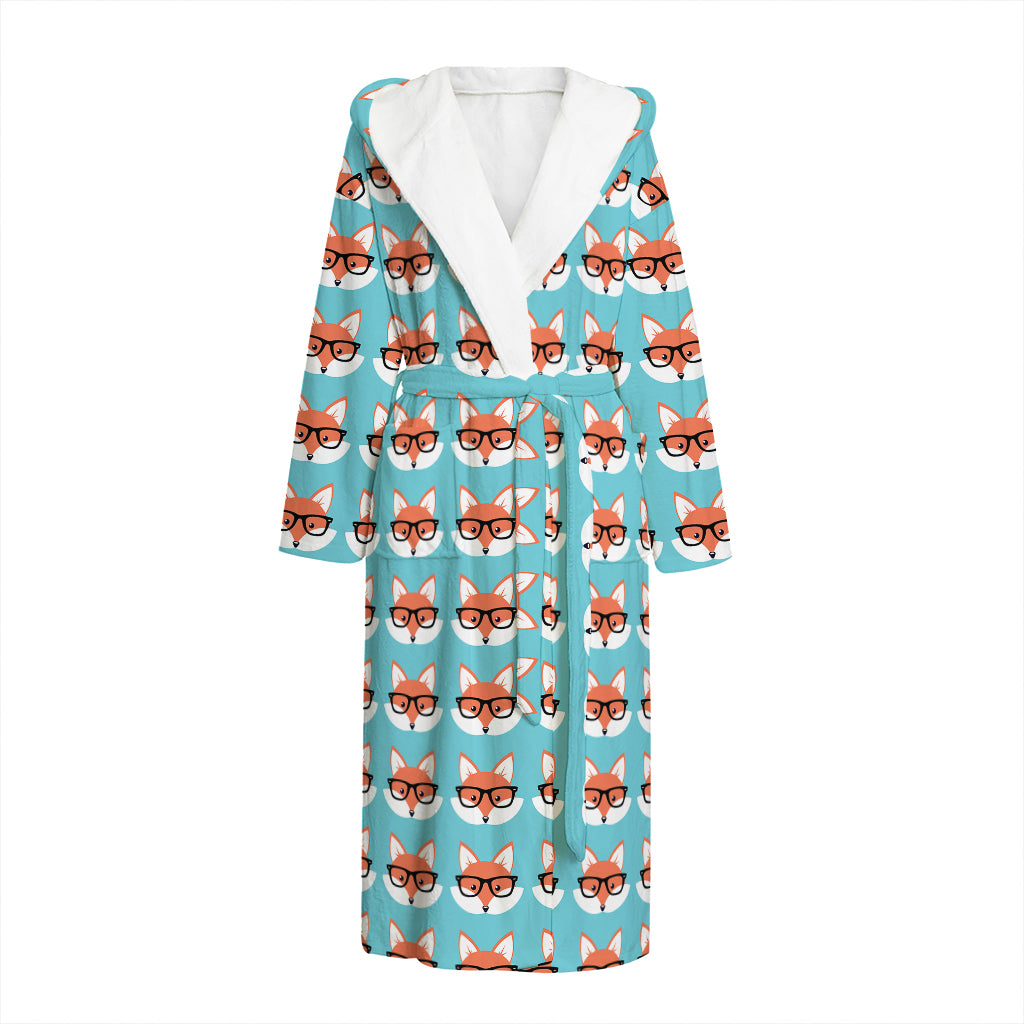 Fox With Glasses Pattern Print Hooded Bathrobe