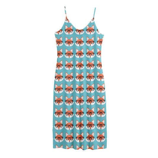 Fox With Glasses Pattern Print Jersey Midi Cami Dress