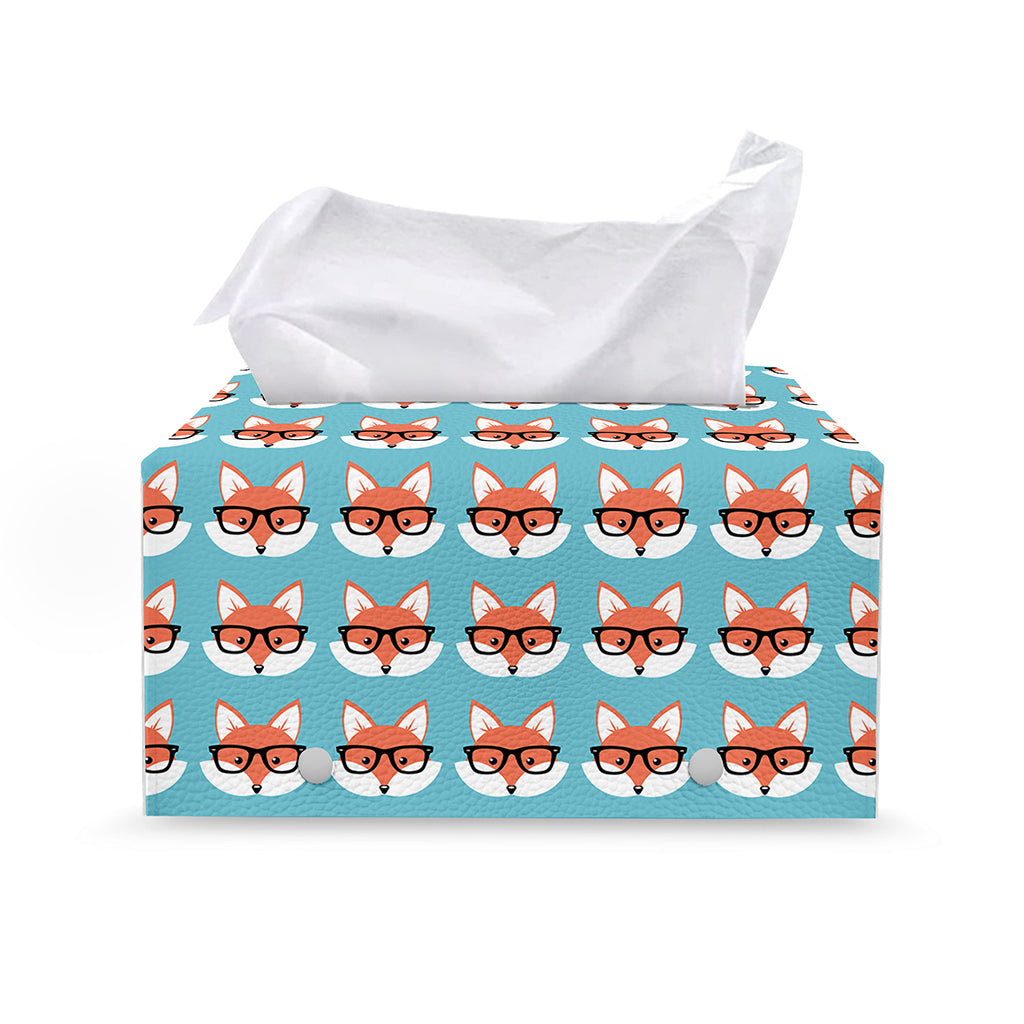 Fox With Glasses Pattern Print Leather Tissue Box Cover