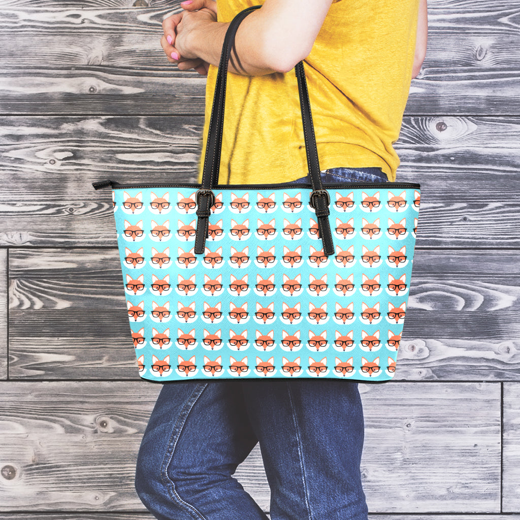 Fox With Glasses Pattern Print Leather Tote Bag
