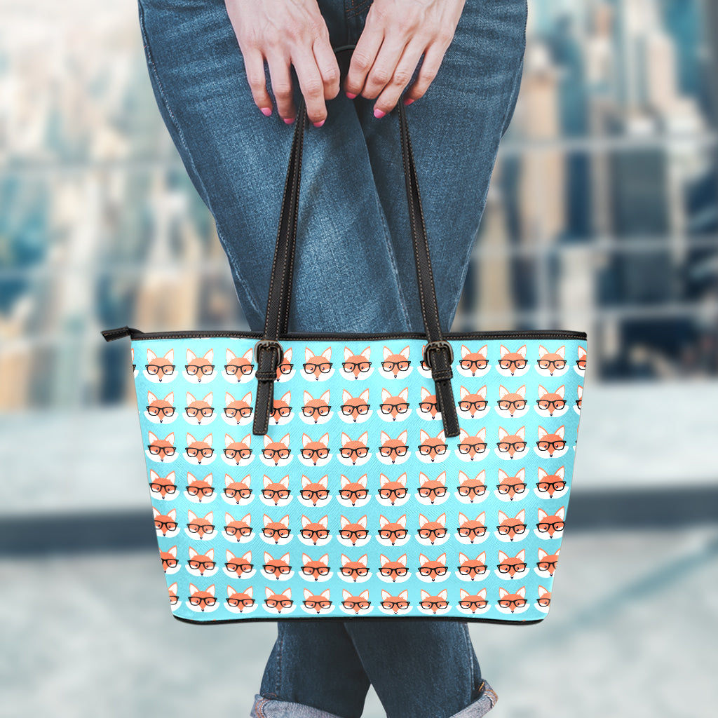 Fox With Glasses Pattern Print Leather Tote Bag