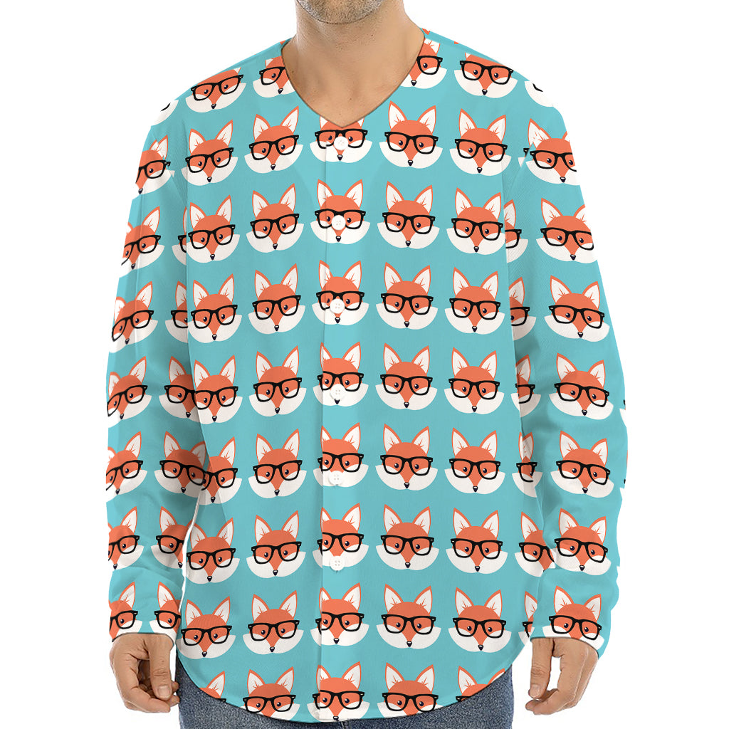 Fox With Glasses Pattern Print Long Sleeve Baseball Jersey