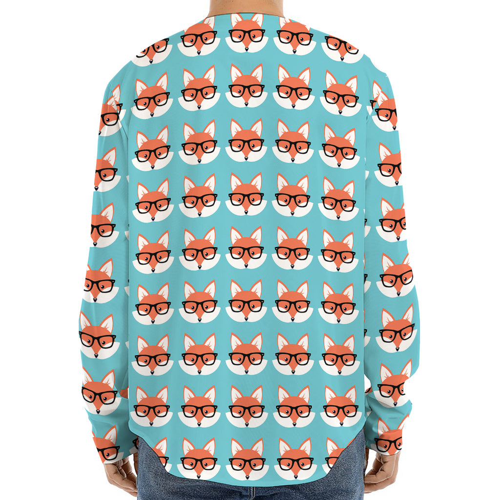 Fox With Glasses Pattern Print Long Sleeve Baseball Jersey