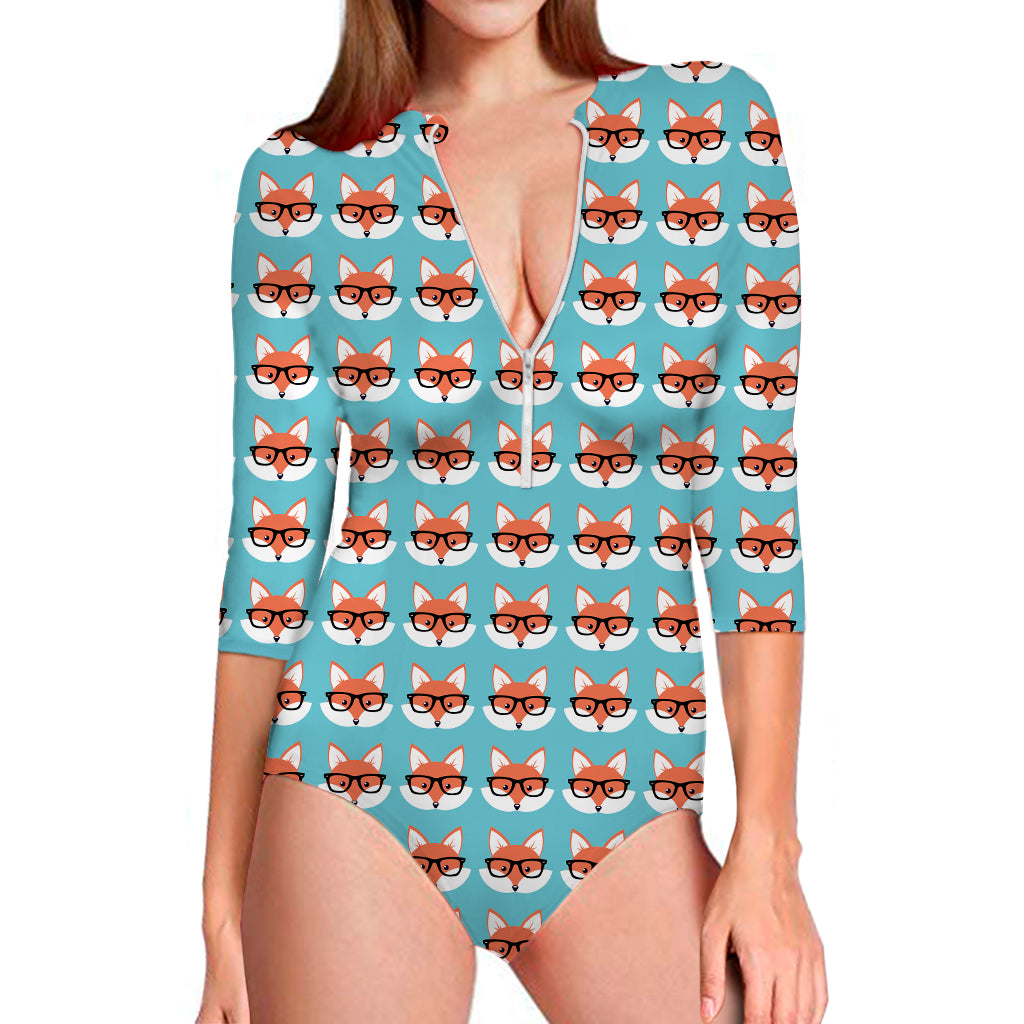 Fox With Glasses Pattern Print Long Sleeve Swimsuit