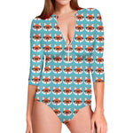 Fox With Glasses Pattern Print Long Sleeve Swimsuit