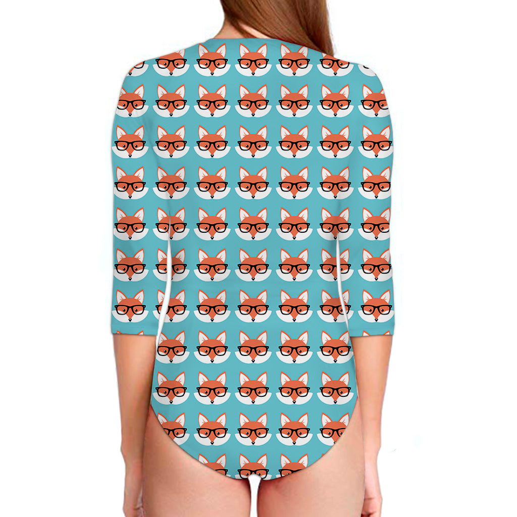 Fox With Glasses Pattern Print Long Sleeve Swimsuit