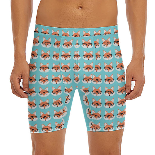 Fox With Glasses Pattern Print Men's Long Boxer Briefs