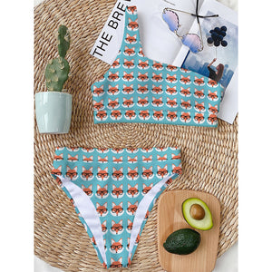 Fox With Glasses Pattern Print One Shoulder Bikini Top