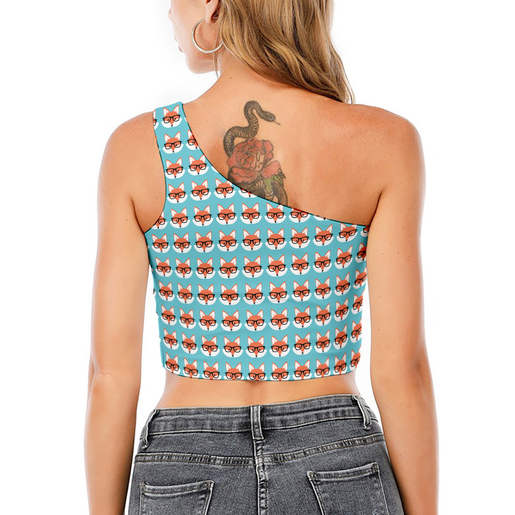 Fox With Glasses Pattern Print One Shoulder Crop Top