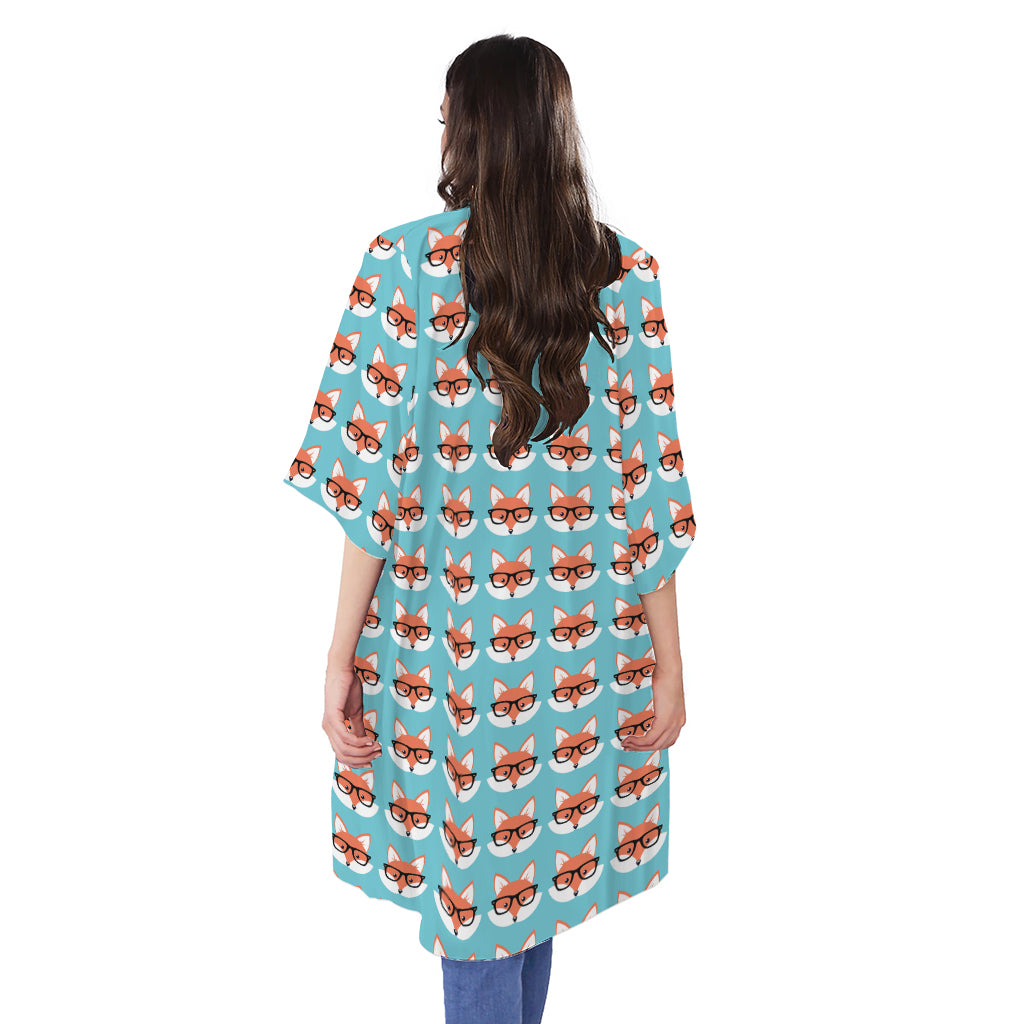 Fox With Glasses Pattern Print Open Front Beach Cover Up