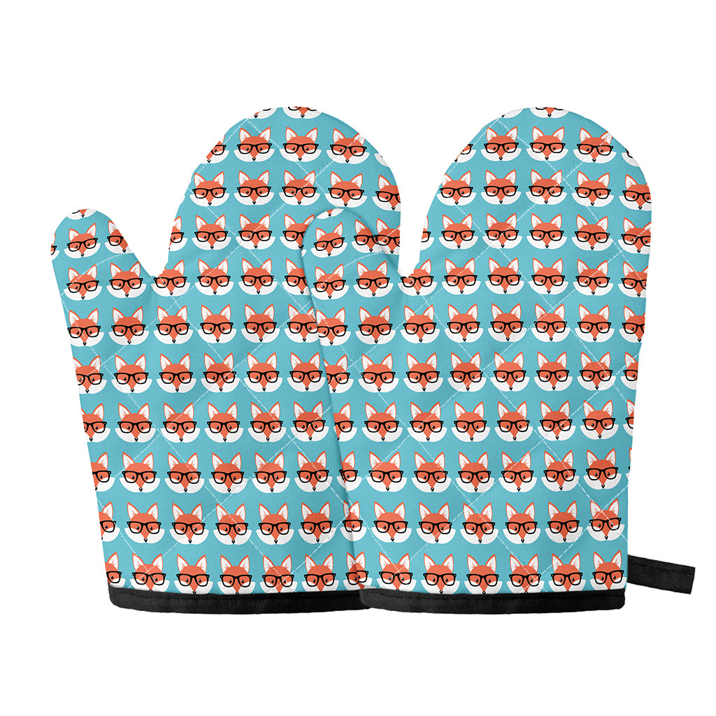 Fox With Glasses Pattern Print Oven Mitts