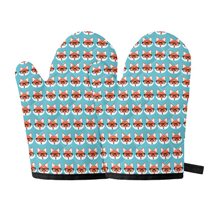 Fox With Glasses Pattern Print Oven Mitts