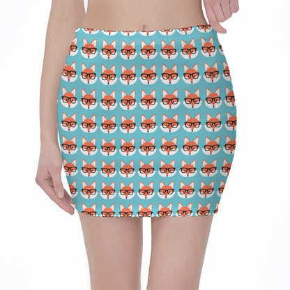 Fox With Glasses Pattern Print Pencil Mini Skirt