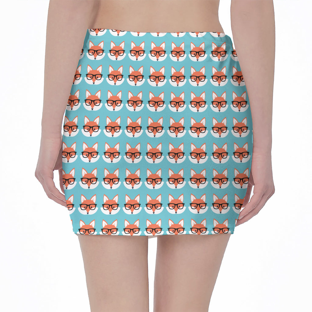 Fox With Glasses Pattern Print Pencil Mini Skirt