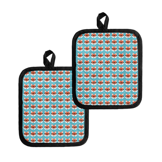 Fox With Glasses Pattern Print Pot Holders