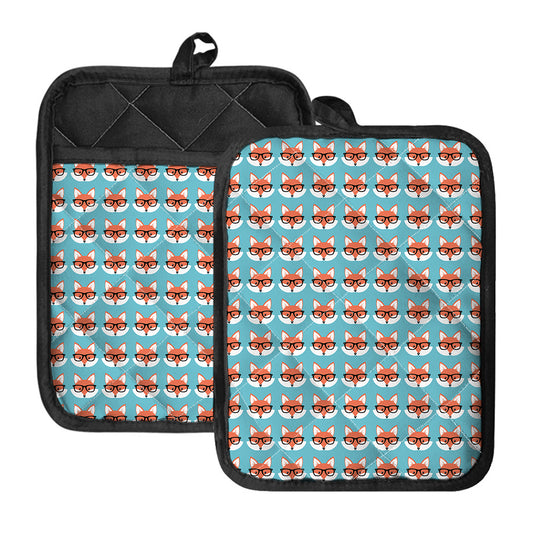 Fox With Glasses Pattern Print Pot Holders With Pocket