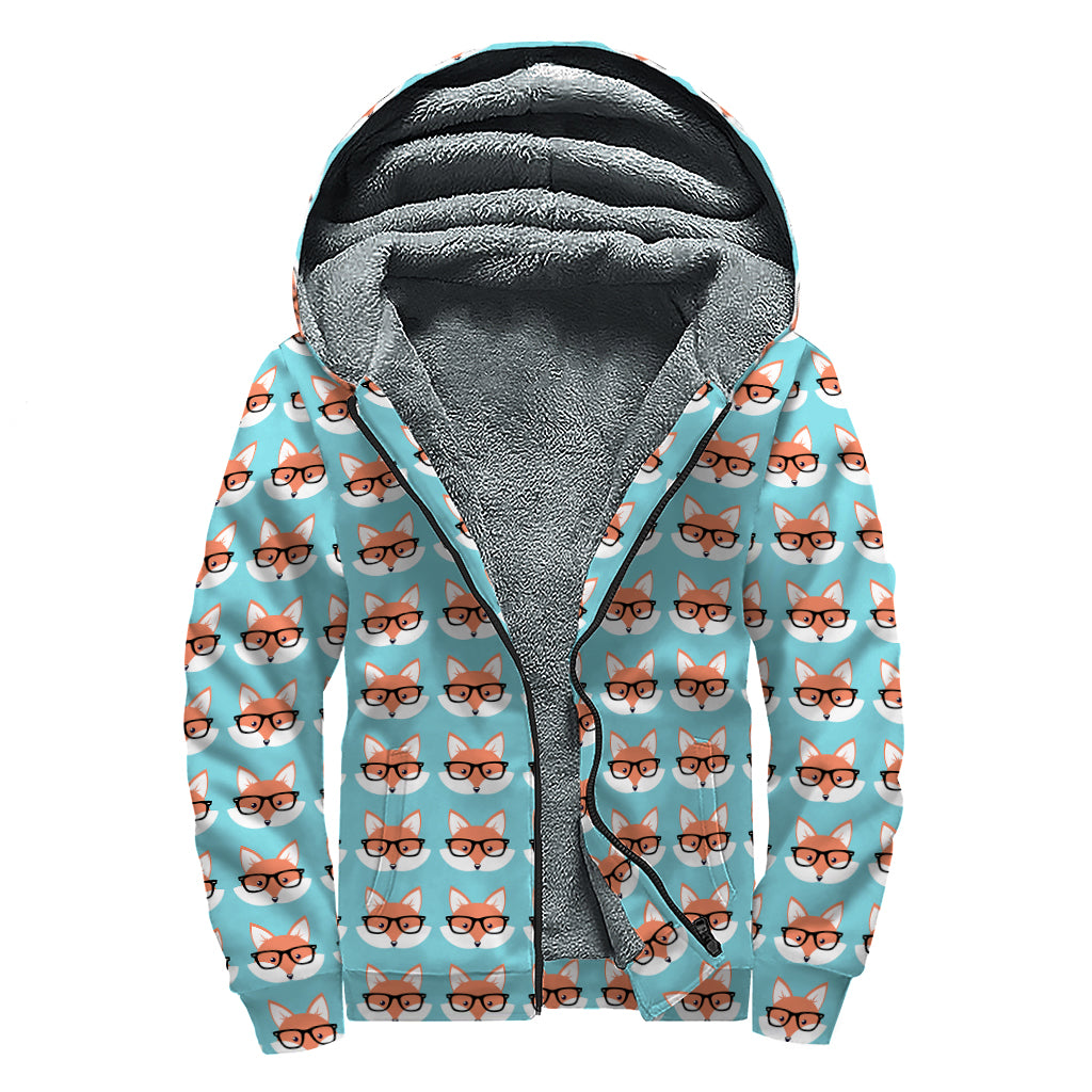 Fox With Glasses Pattern Print Sherpa Lined Zip Up Hoodie